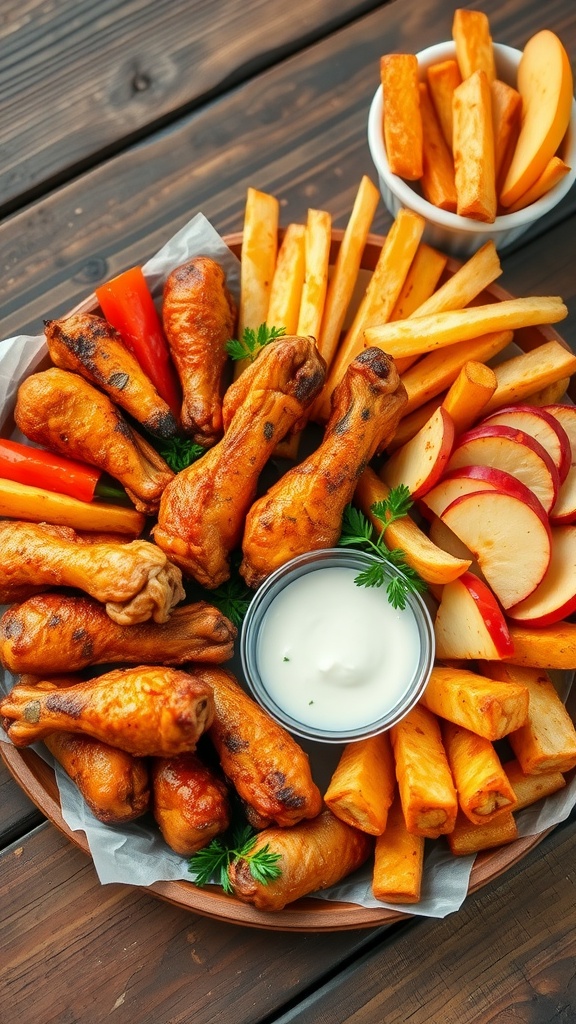 A vibrant platter of air-fried chicken wings, roasted veggies, fries, and apple chips on a wooden table.